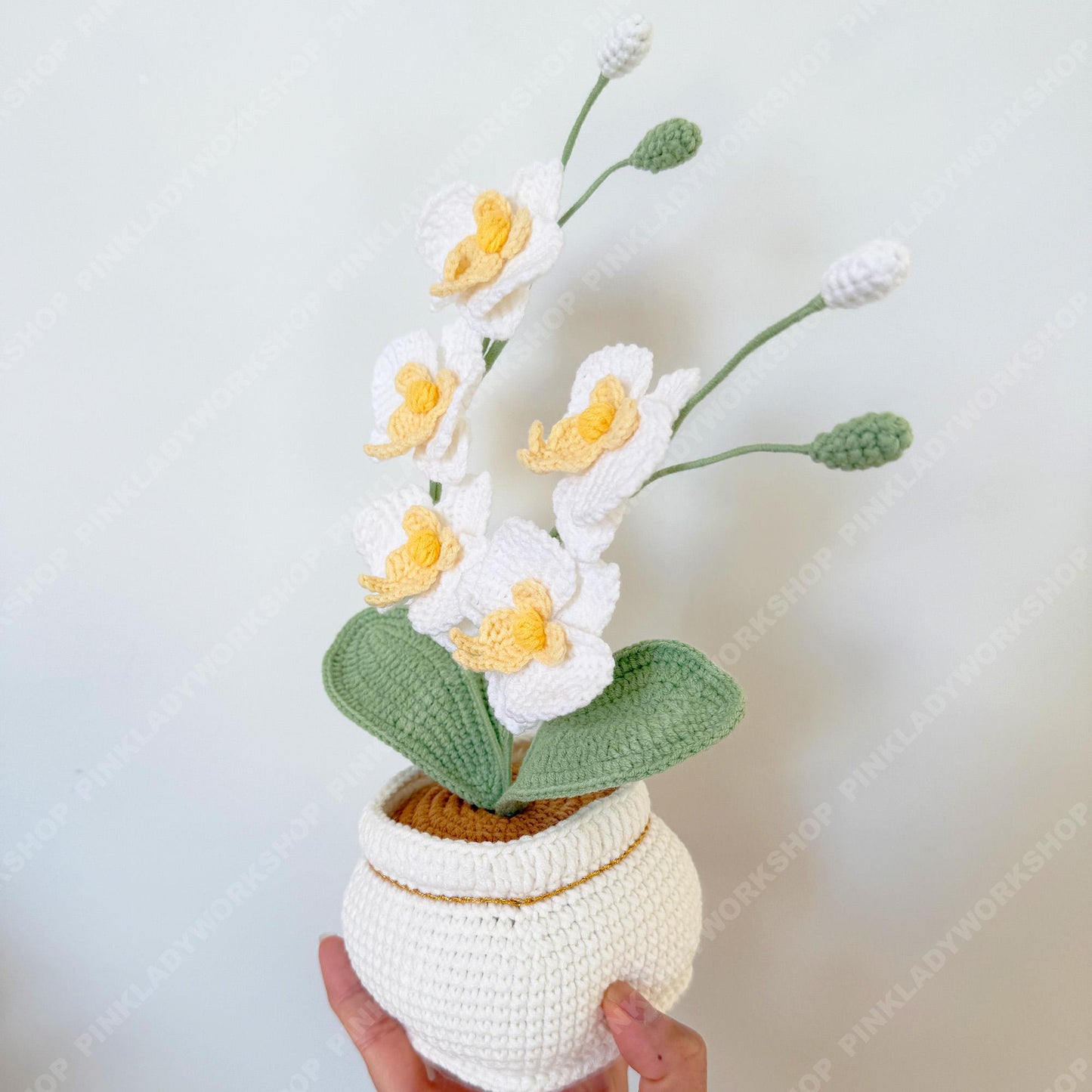 Handmade Crochet Orchid Plant | White Yarn Flower Arrangement
