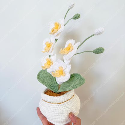 Handmade Crochet Orchid Plant | White Yarn Flower Arrangement
