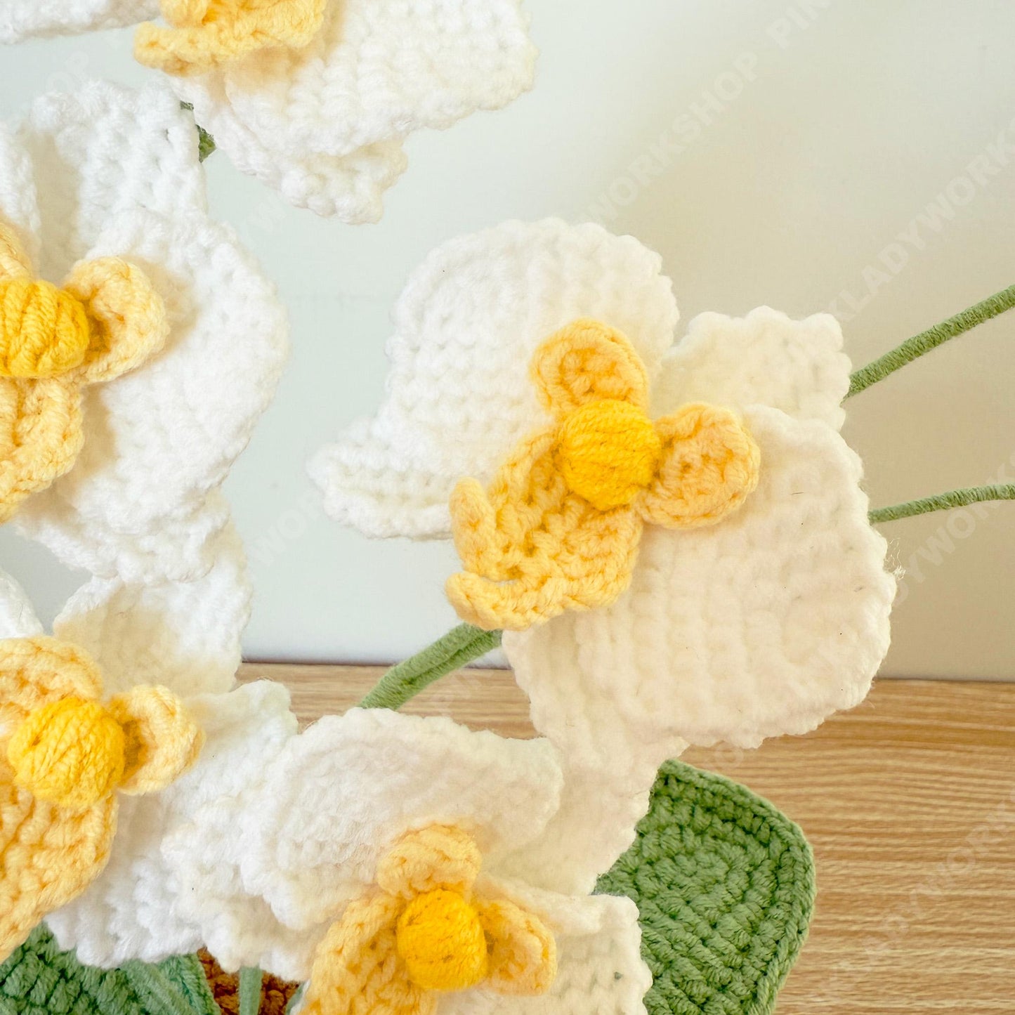 Handmade Crochet Orchid Plant | White Yarn Flower Arrangement