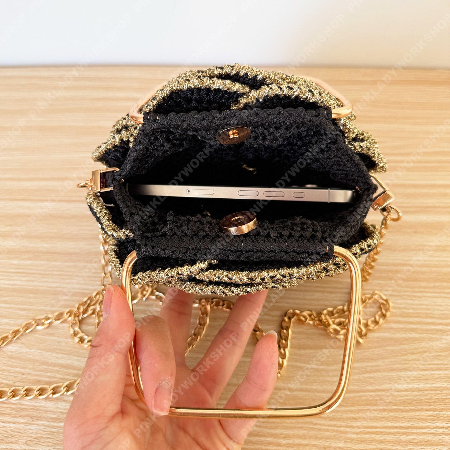 Crochet Rose Evening Bag | Handmade Black & Gold Floral Purse