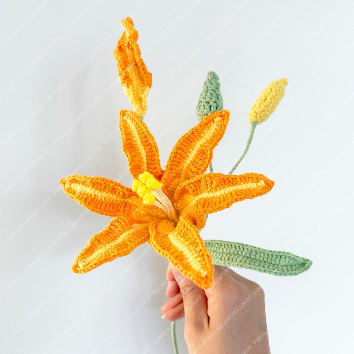 Handmade Crochet Orange Lily Stem: Artificial Flower Bouquet, Wedding Decor