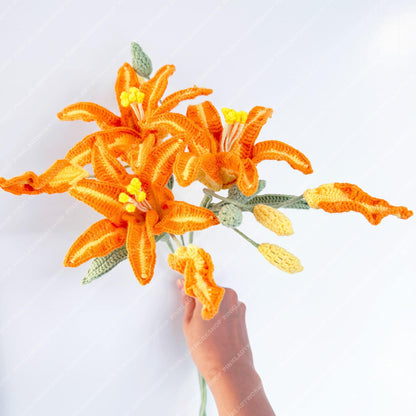 Handmade Crochet Orange Lily Stem: Artificial Flower Bouquet, Wedding Decor