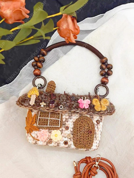 Detailed Crochet Cottage House Bag | Handmade Fairycore Purse | Mushroom Cottagecore Bag | Whimsical Crochet Crossbody