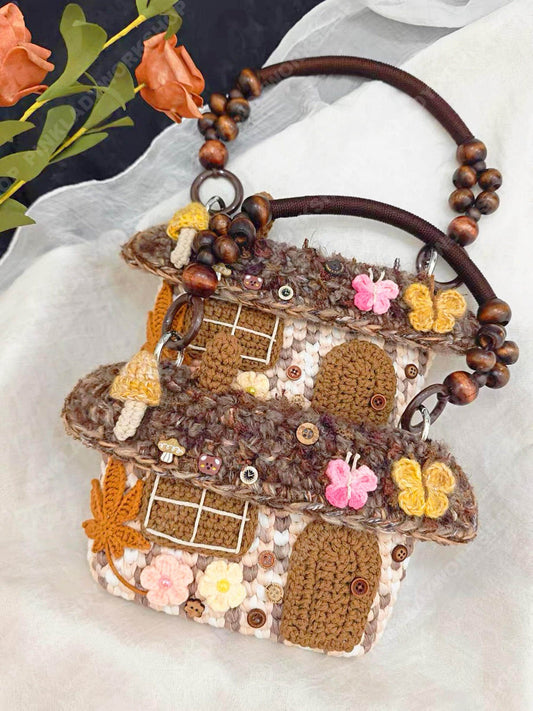 Detailed Crochet Cottage House Bag | Handmade Fairycore Purse | Mushroom Cottagecore Bag | Whimsical Crochet Crossbody