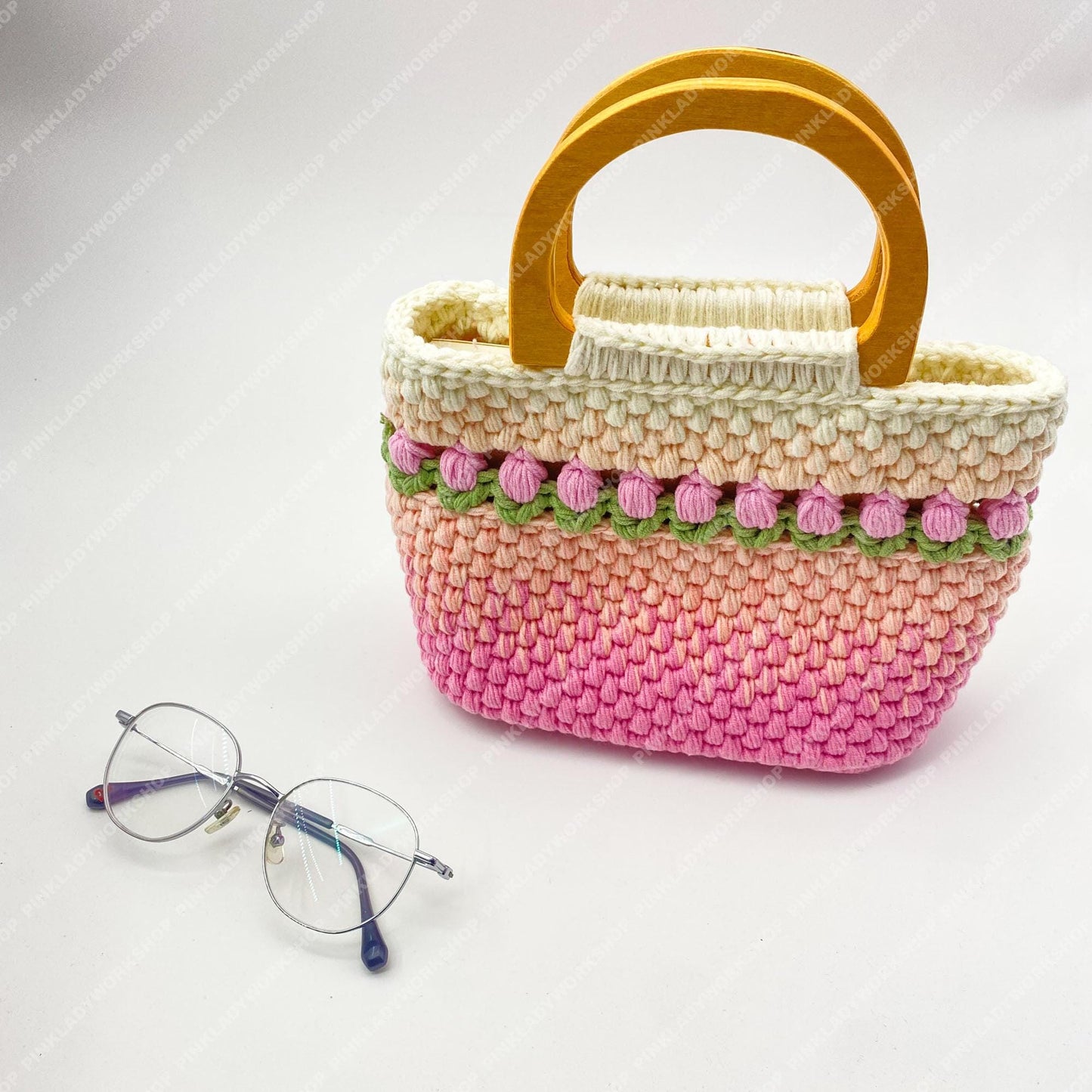 Handmade Crochet Tulip Purse | Pink Ombre Bag, Wooden Handle