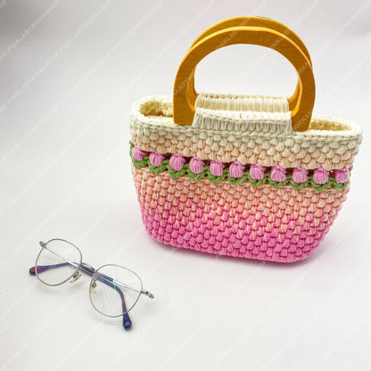 Handmade Crochet Tulip Purse | Pink Ombre Bag, Wooden Handle