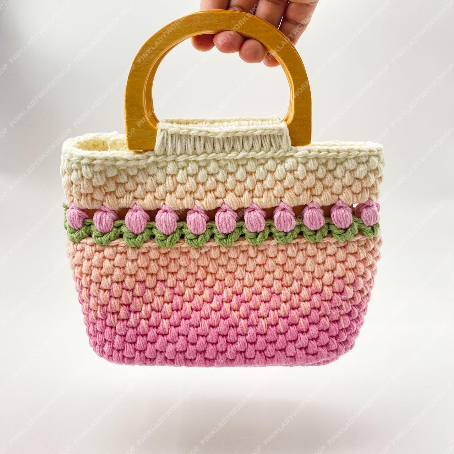 Handmade Crochet Tulip Purse | Pink Ombre Bag, Wooden Handle