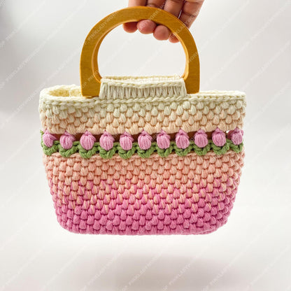 Handmade Crochet Tulip Purse | Pink Ombre Bag, Wooden Handle