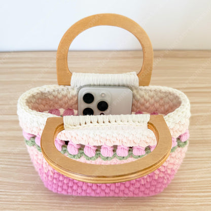 Handmade Crochet Tulip Purse | Pink Ombre Bag, Wooden Handle