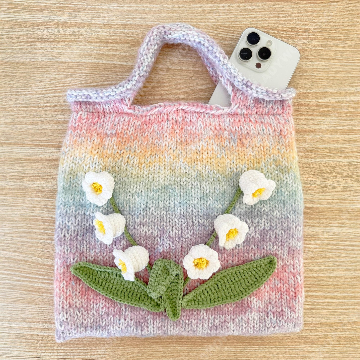 Lily of the Valley Knit Tote Bag | Pastel Rainbow Crochet Purse