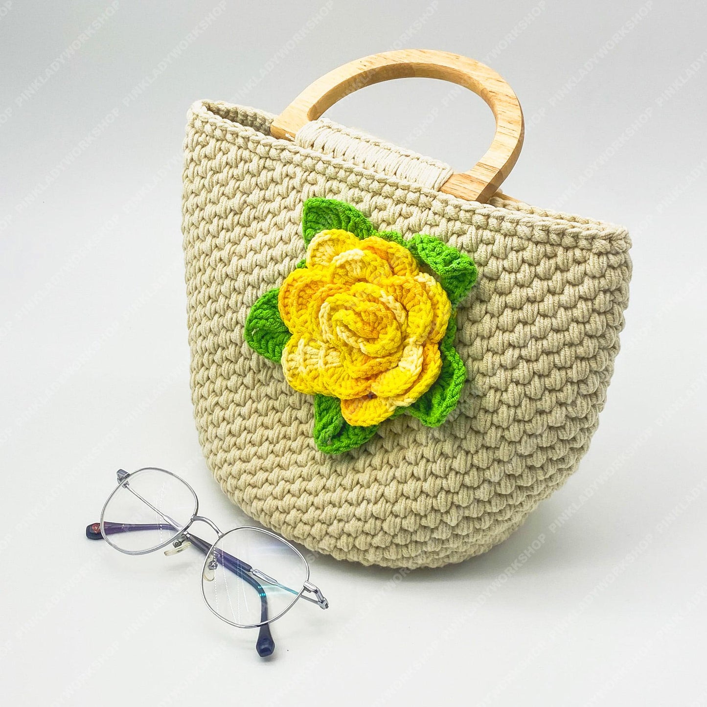 Pre-order Crochet Flower Handbag | Beige Yarn Tote with Yellow Rose