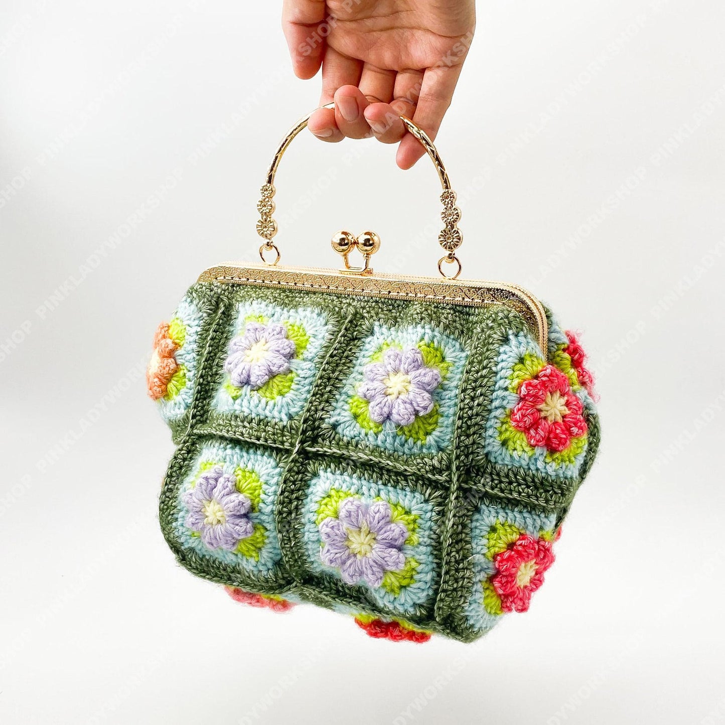 Crochet Granny Square Purse | Floral Handmade Clutch Bag with Gold Frame | Retro Flower Handbag | Gift for Women