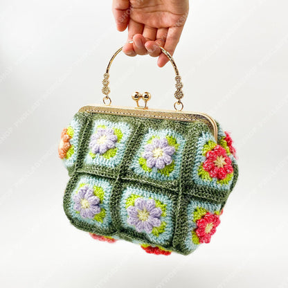 Crochet Granny Square Purse | Floral Handmade Clutch Bag with Gold Frame | Retro Flower Handbag | Gift for Women