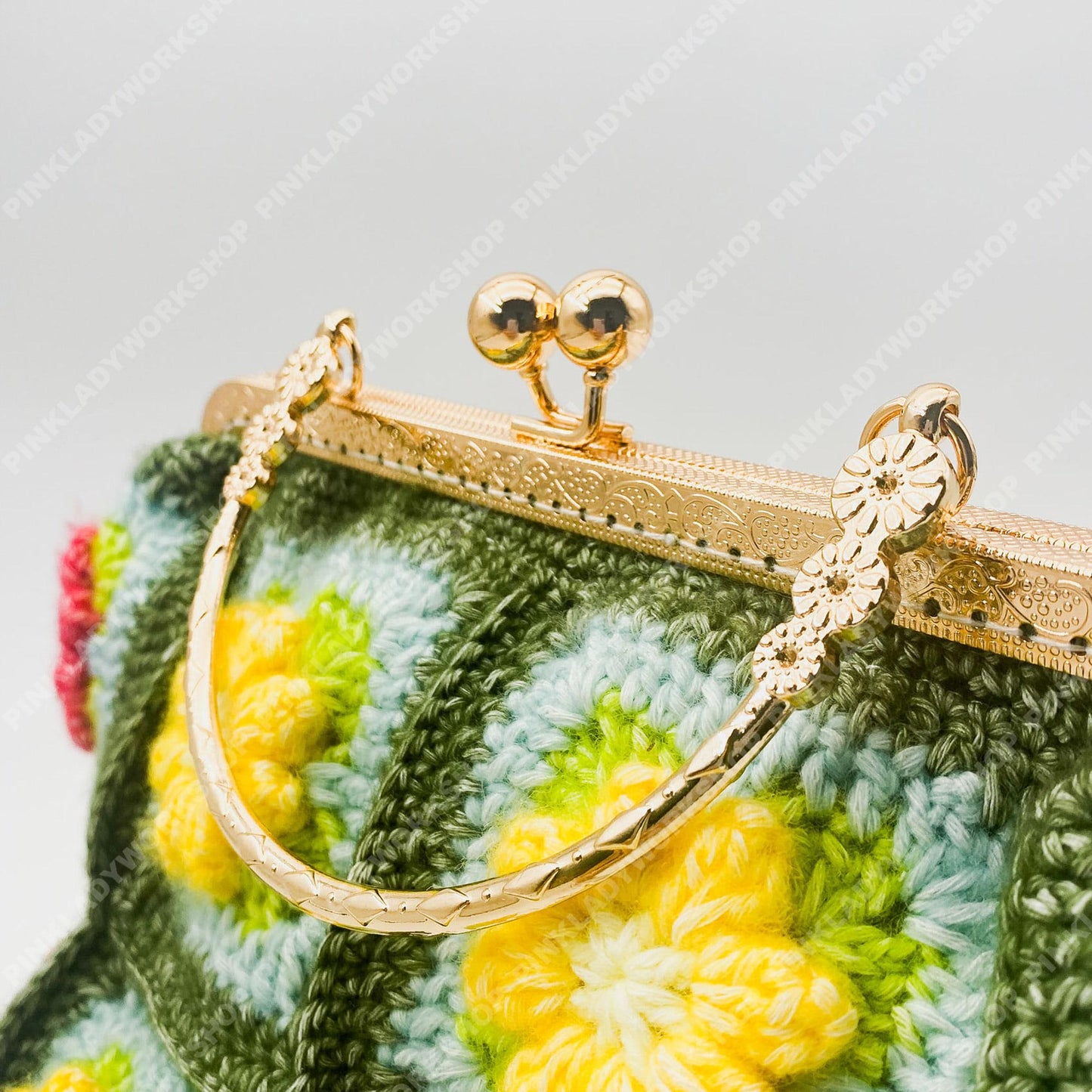 Crochet Granny Square Purse | Floral Handmade Clutch Bag with Gold Frame | Retro Flower Handbag | Gift for Women