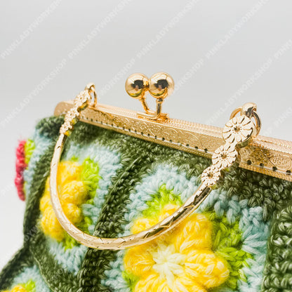 Crochet Granny Square Purse | Floral Handmade Clutch Bag with Gold Frame | Retro Flower Handbag | Gift for Women