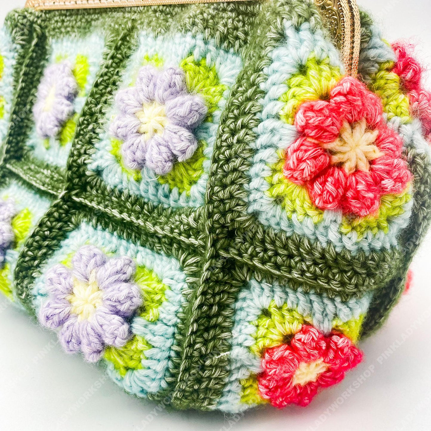 Crochet Granny Square Purse | Floral Handmade Clutch Bag with Gold Frame | Retro Flower Handbag | Gift for Women