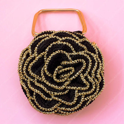 Crochet Rose Evening Bag | Handmade Black & Gold Floral Purse