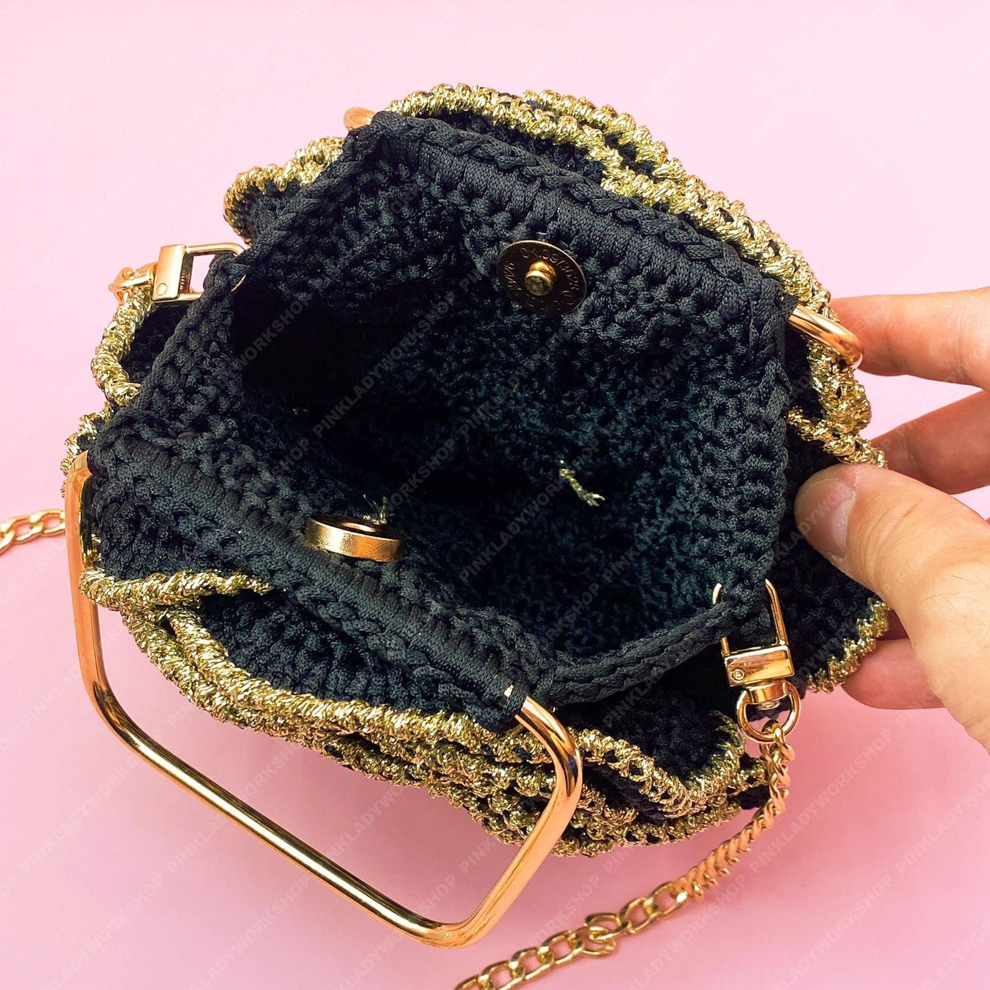 Crochet Rose Evening Bag | Handmade Black & Gold Floral Purse