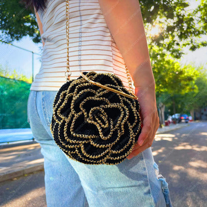 Crochet Rose Evening Bag | Handmade Black & Gold Floral Purse