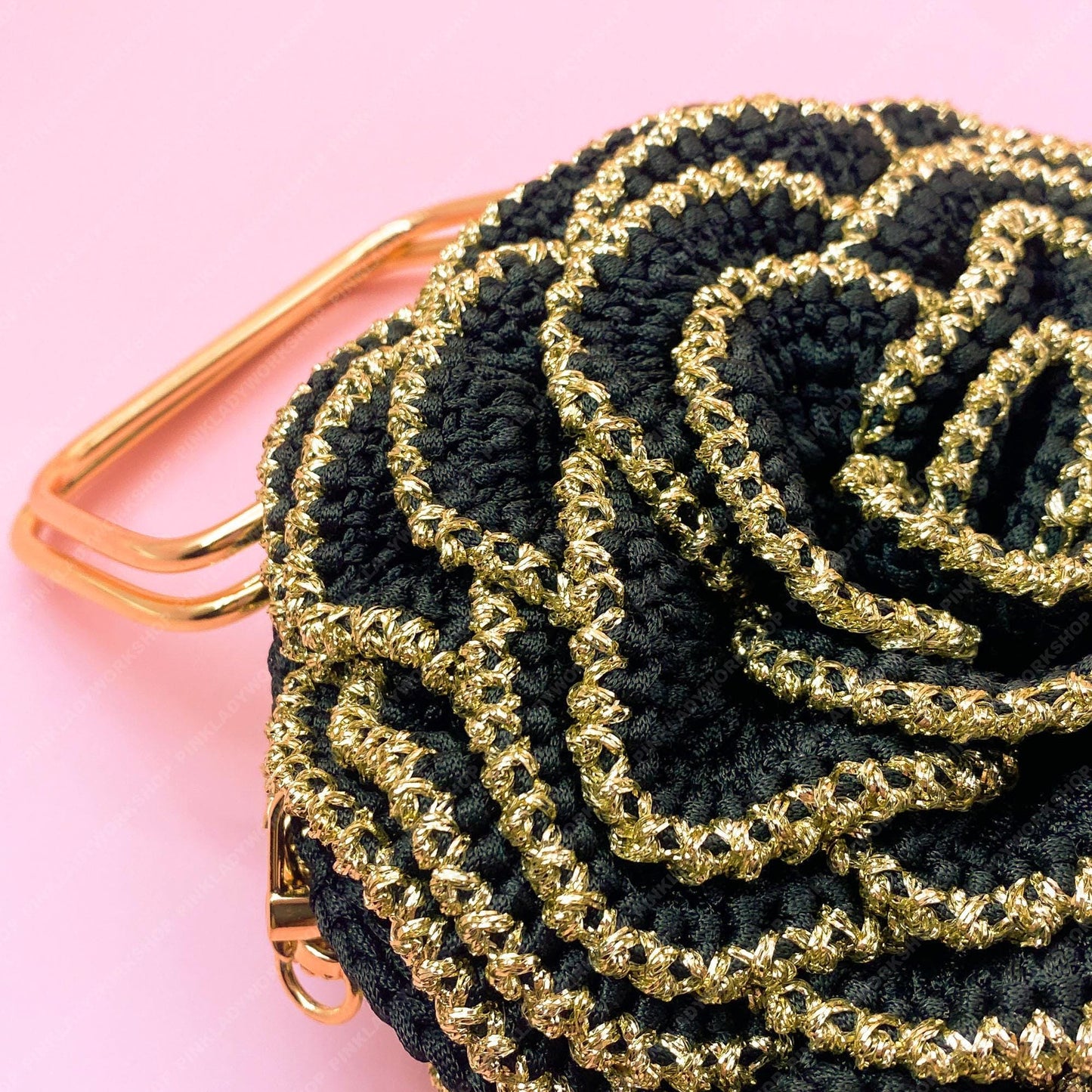Crochet Rose Evening Bag | Handmade Black & Gold Floral Purse