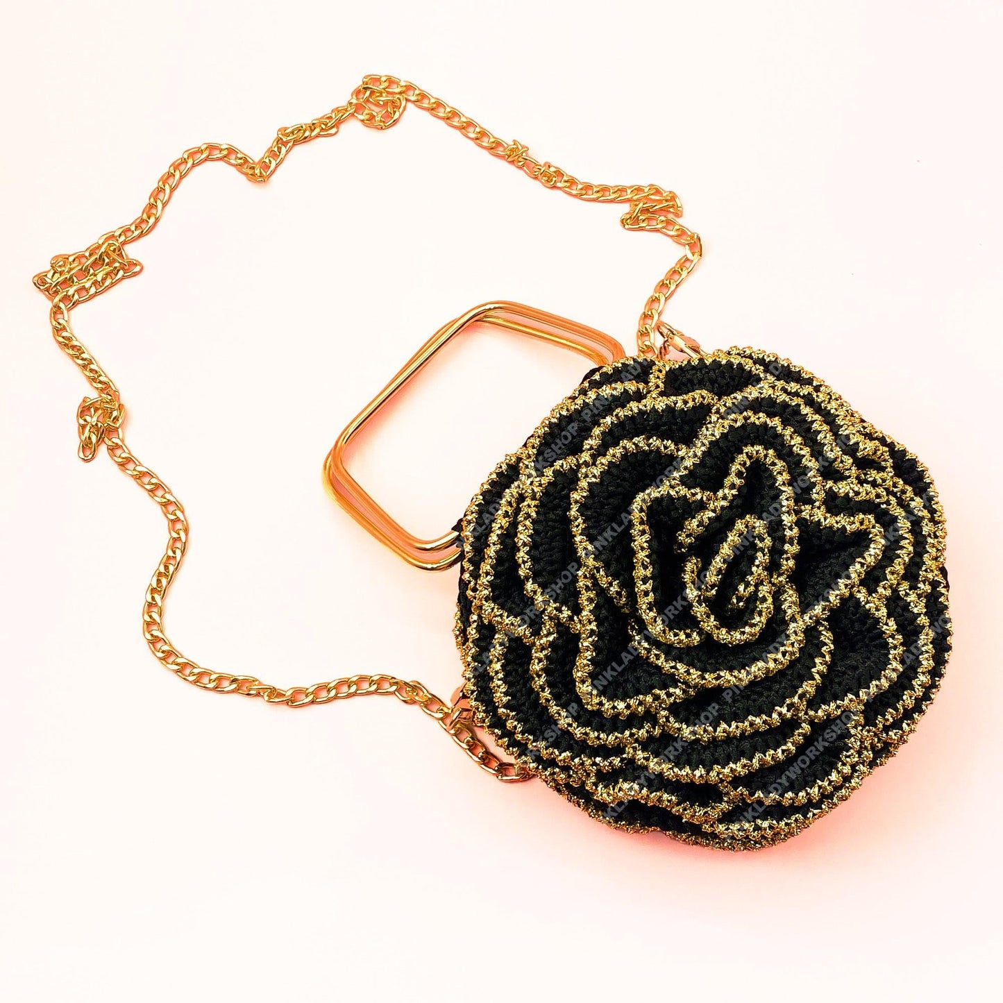 Crochet Rose Evening Bag | Handmade Black & Gold Floral Purse