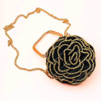 Crochet Rose Evening Bag | Handmade Black & Gold Floral Purse