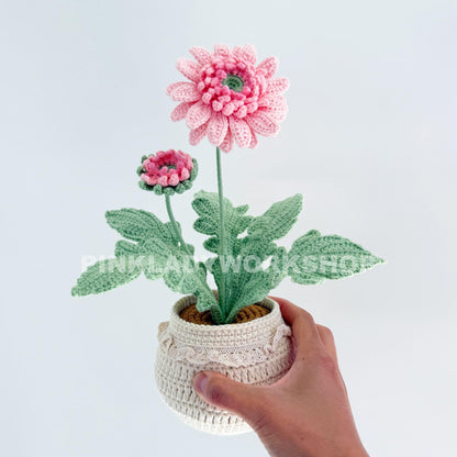 Handmade Crochet Daisy Pot: Gerbera Flower Arrangement