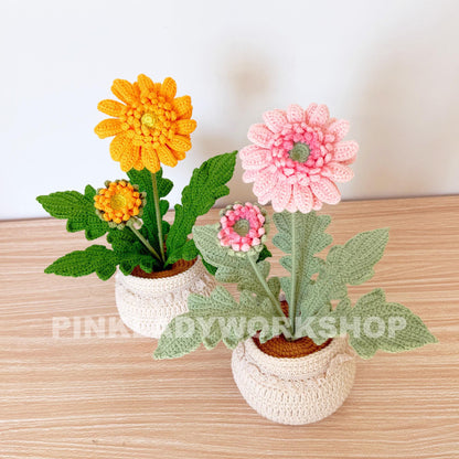Handmade Crochet Daisy Pot: Gerbera Flower Arrangement