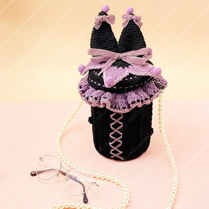 Pre-order Kawaii Anime Bunny Bag | Japanese Anime Crochet Bottle Purse | Gothic Lolita Crossbody | Purple Black Pearl Strap Handmade Gift