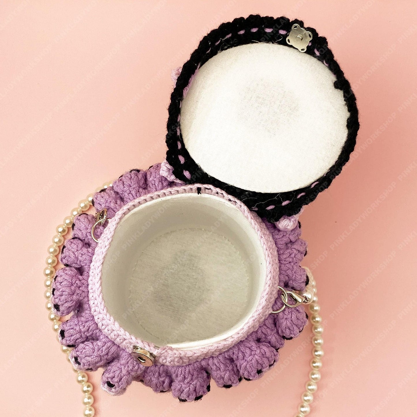 Pre-order Kawaii Anime Bunny Bag | Japanese Anime Crochet Bottle Purse | Gothic Lolita Crossbody | Purple Black Pearl Strap Handmade Gift