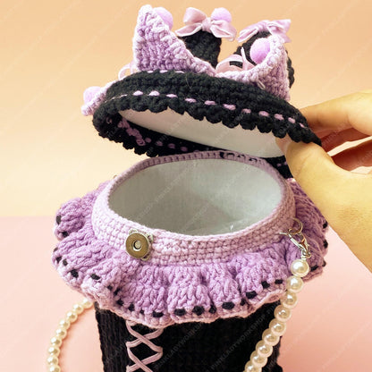 Pre-order Kawaii Anime Bunny Bag | Japanese Anime Crochet Bottle Purse | Gothic Lolita Crossbody | Purple Black Pearl Strap Handmade Gift