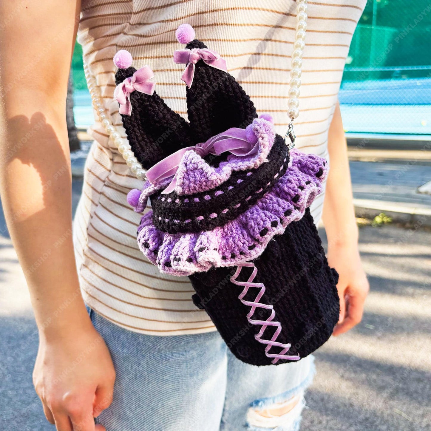 Pre-order Kawaii Anime Bunny Bag | Japanese Anime Crochet Bottle Purse | Gothic Lolita Crossbody | Purple Black Pearl Strap Handmade Gift