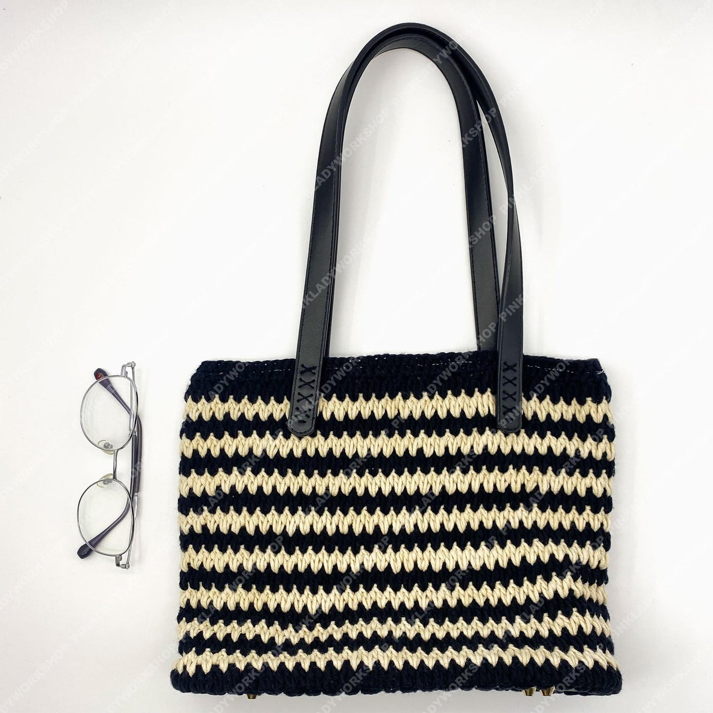 Crochet Striped Tote Bag | Handmade Black & Cream Shoulder Bag
