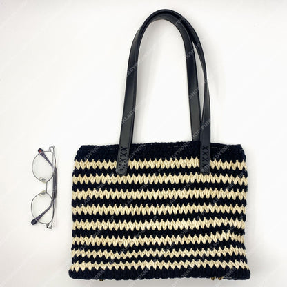 Crochet Striped Tote Bag | Handmade Black & Cream Shoulder Bag