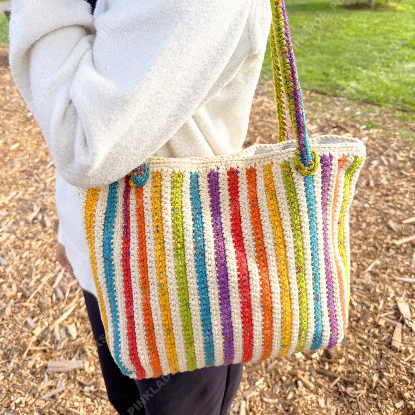 Crochet Rainbow Striped Tote Bag | Handmade Boho Shoulder Bag