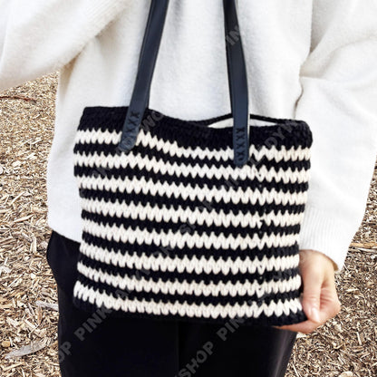 Crochet Striped Tote Bag | Handmade Black & Cream Shoulder Bag