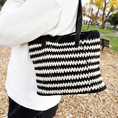 Crochet Striped Tote Bag | Handmade Black & Cream Shoulder Bag