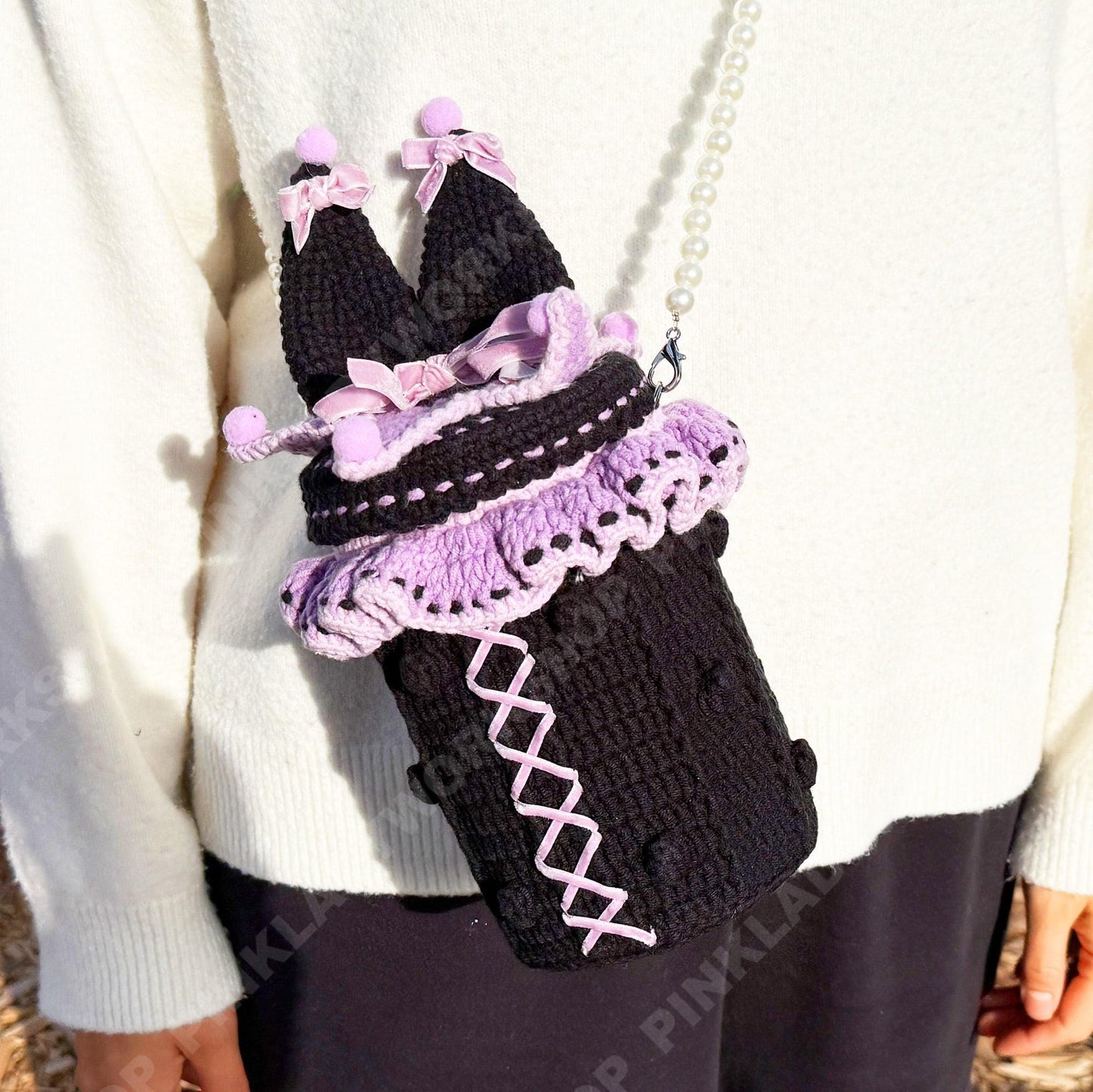 Pre-order Kawaii Anime Bunny Bag | Japanese Anime Crochet Bottle Purse | Gothic Lolita Crossbody | Purple Black Pearl Strap Handmade Gift