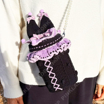 Pre-order Kawaii Anime Bunny Bag | Japanese Anime Crochet Bottle Purse | Gothic Lolita Crossbody | Purple Black Pearl Strap Handmade Gift