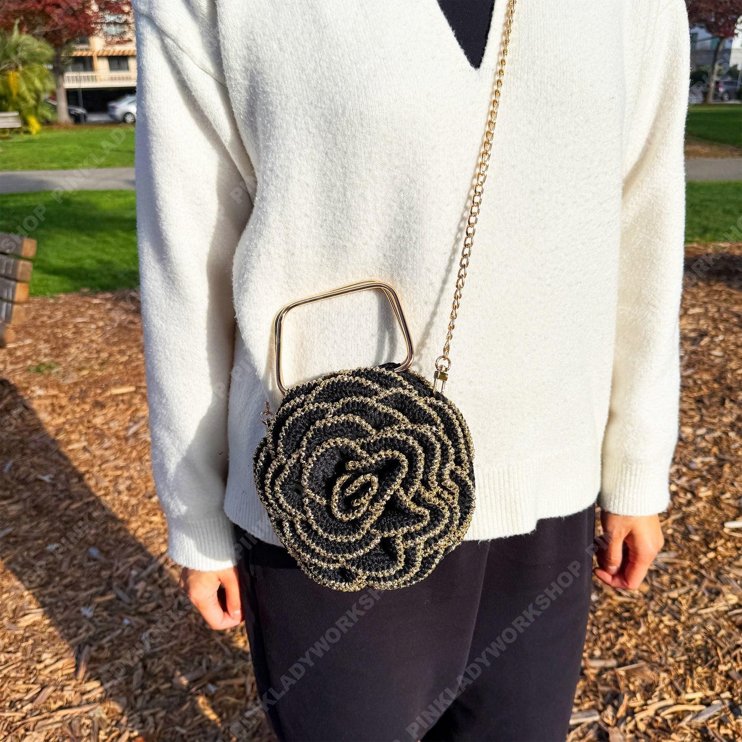 Crochet Rose Evening Bag | Handmade Black & Gold Floral Purse
