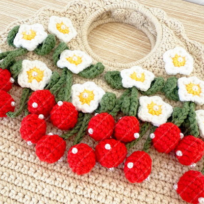 Crochet Strawberry Tote Bag | Handmade Purse | Cute Floral Bag with 3D Strawberry