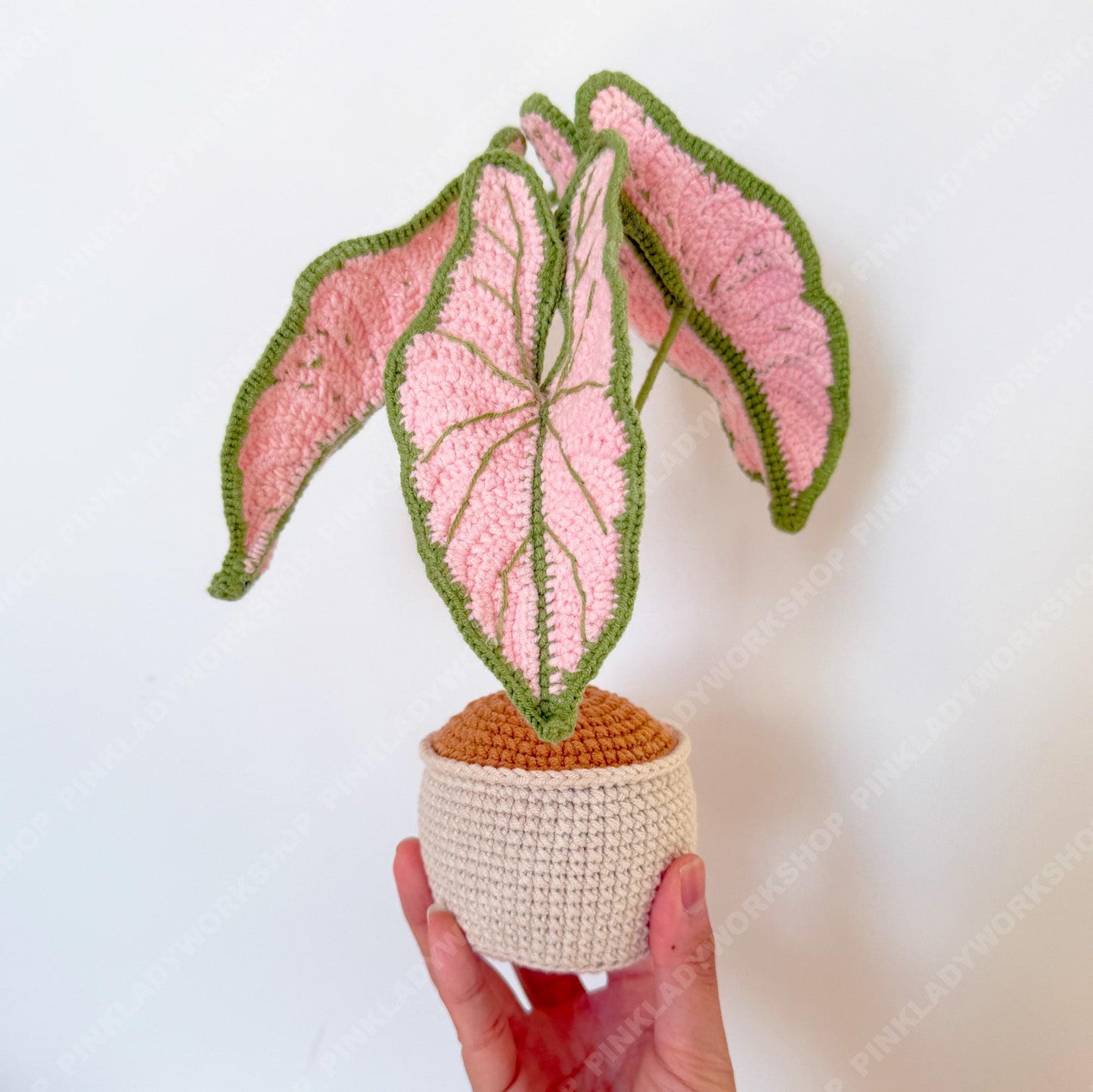 Pre-order Handmade Crochet Pink Caladium Plant | Faux Potted Houseplant