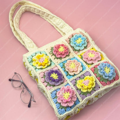 Pre-order Crochet Flower Tote Bag | Granny Square Boho Purse | Handmade Colorful Floral Bag | Retro Crochet Shoulder Bag