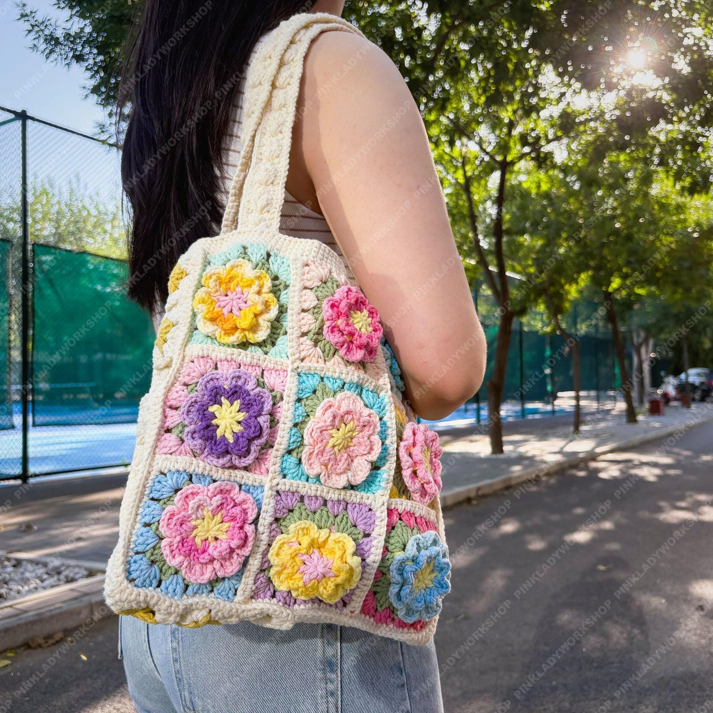 Pre-order Crochet Flower Tote Bag | Granny Square Boho Purse | Handmade Colorful Floral Bag | Retro Crochet Shoulder Bag