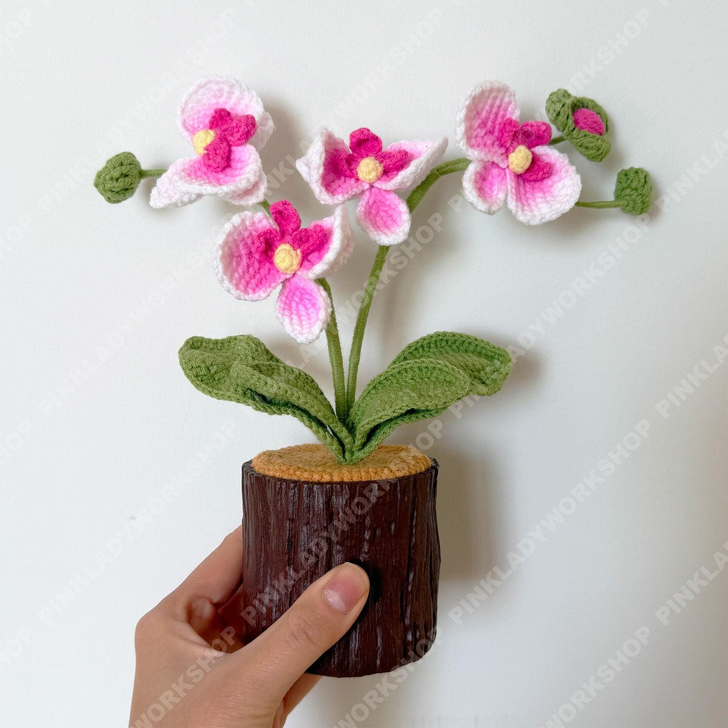 Crochet Orchid Plant | Handmade Pink Orchid Flower with Plastic Pot | Amigurumi Potted Orchid Decor | Gift for Mom