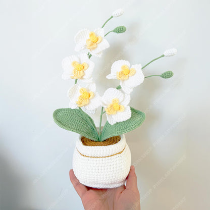 Handmade Crochet Orchid Plant | White Yarn Flower Arrangement