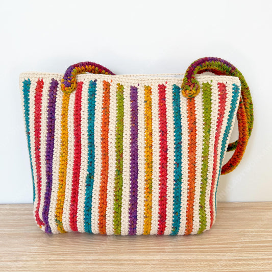 Crochet Rainbow Striped Tote Bag | Handmade Boho Shoulder Bag