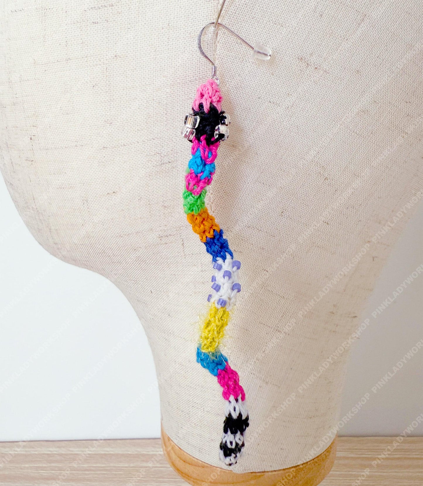 Colorful Crochet Snake Earrings | Bendable Poseable Dangle Earring | Handmade Statement Jewelry | Fun Art Earring