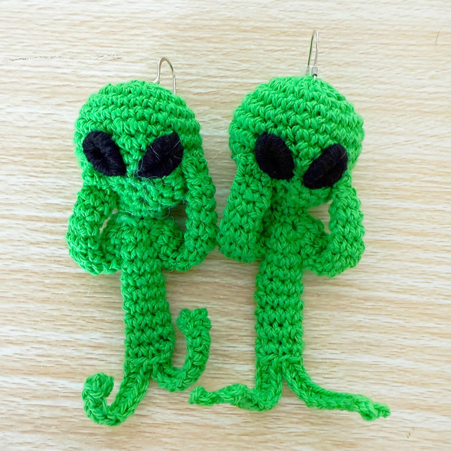 Crochet Alien Earrings | Handmade Green Alien Dangle Earrings | Cute UFO Jewelry | Quirky Gift
