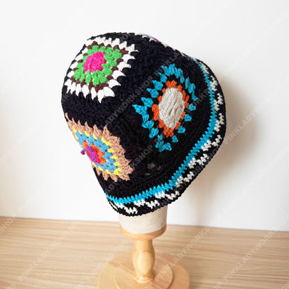 Crochet Granny Square Hat | Handmade Colorful Crochet Beanie | Retro Patchwork Hat | Unique Art Hat